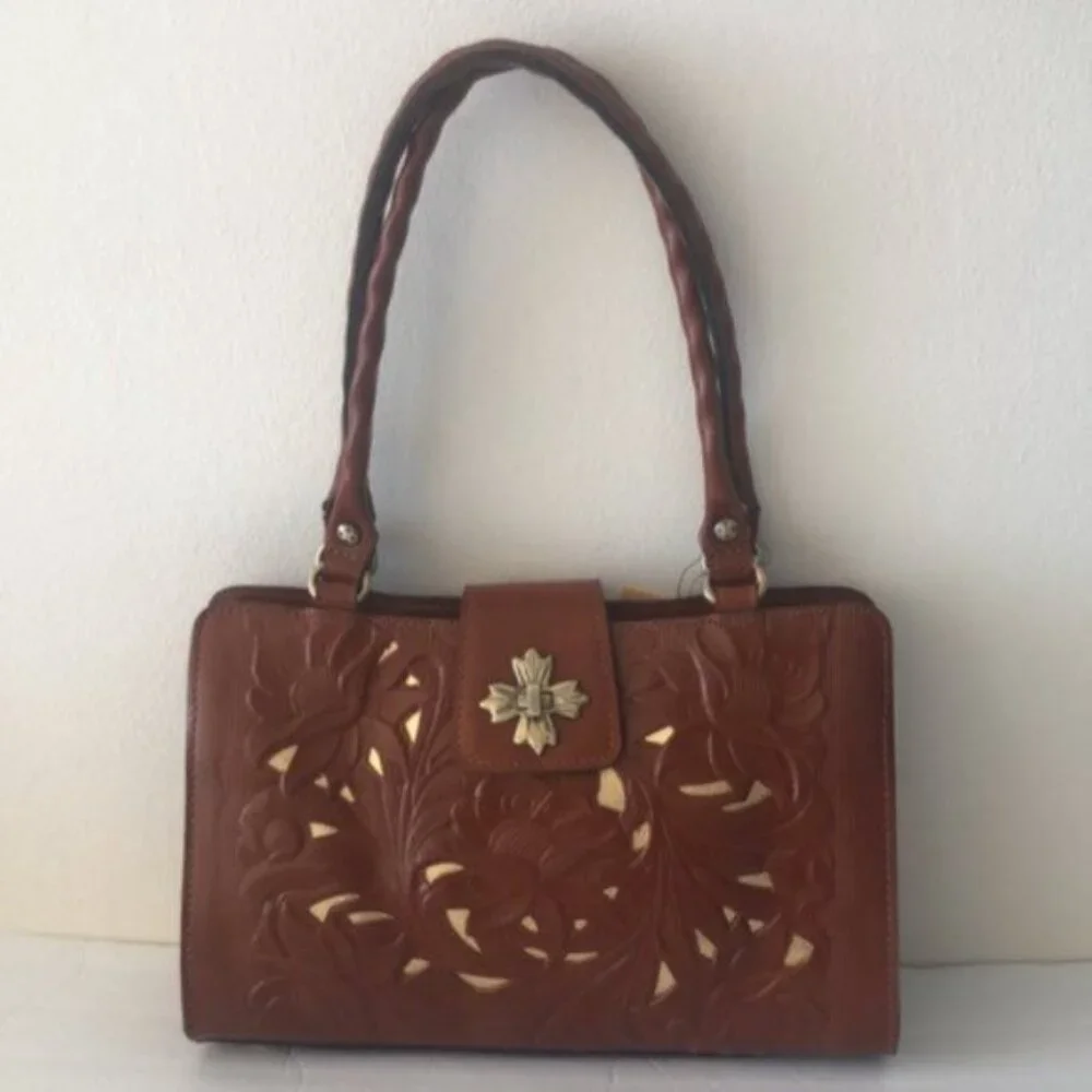 Patricia NASH Rosina Leather Cut Out Tooled Shoulder Handbag Tan